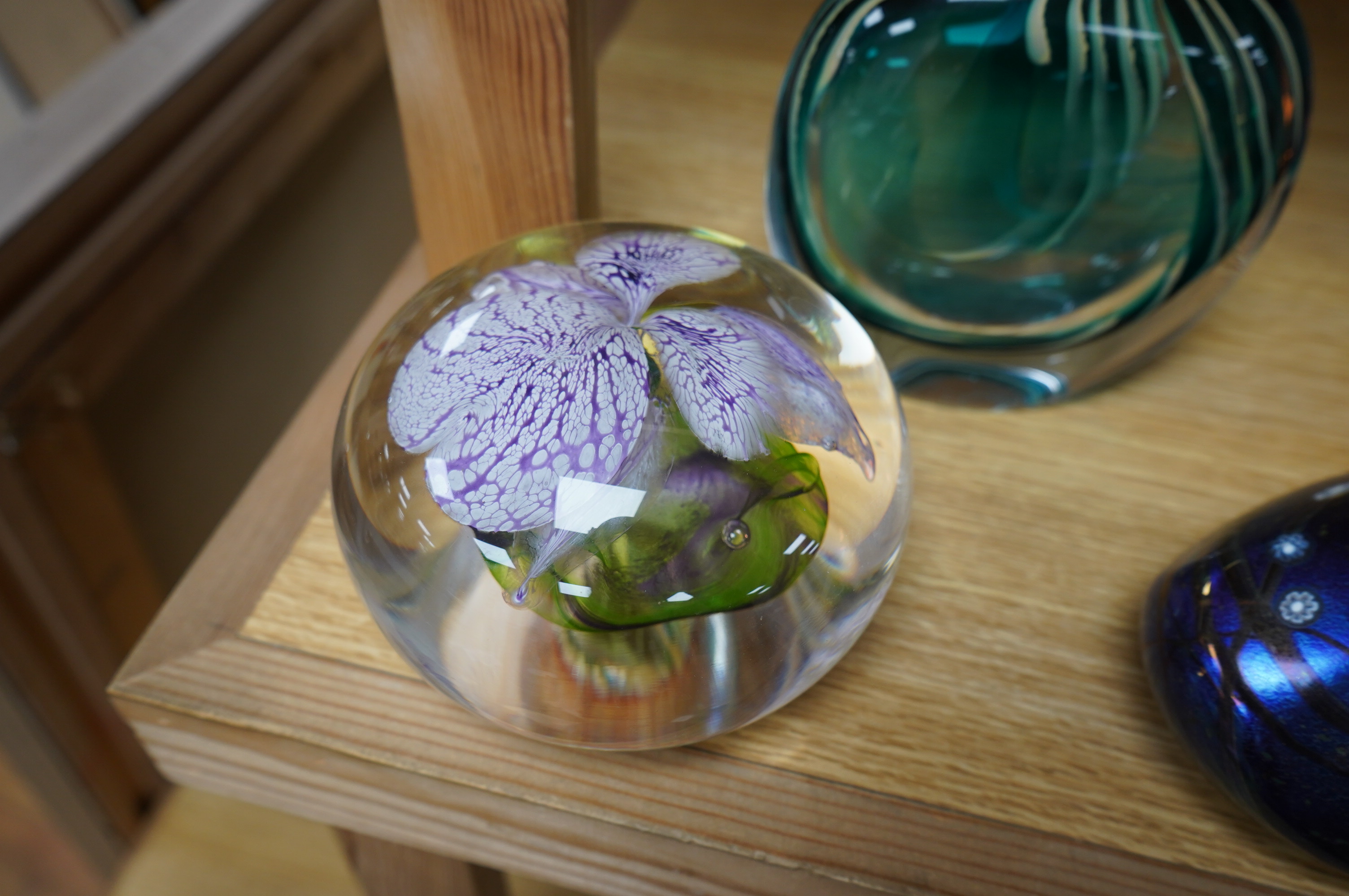 Two Siddy Langley glass paperweights and a contemporary glass vase, 12.5cm tall. Condition - good